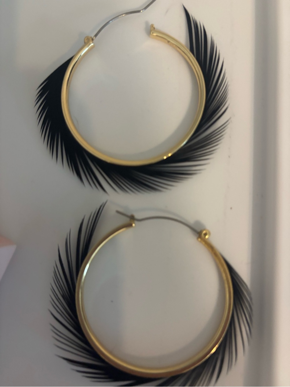 Stella & Dot Gold Hoop Earrings with Black Feather Detail